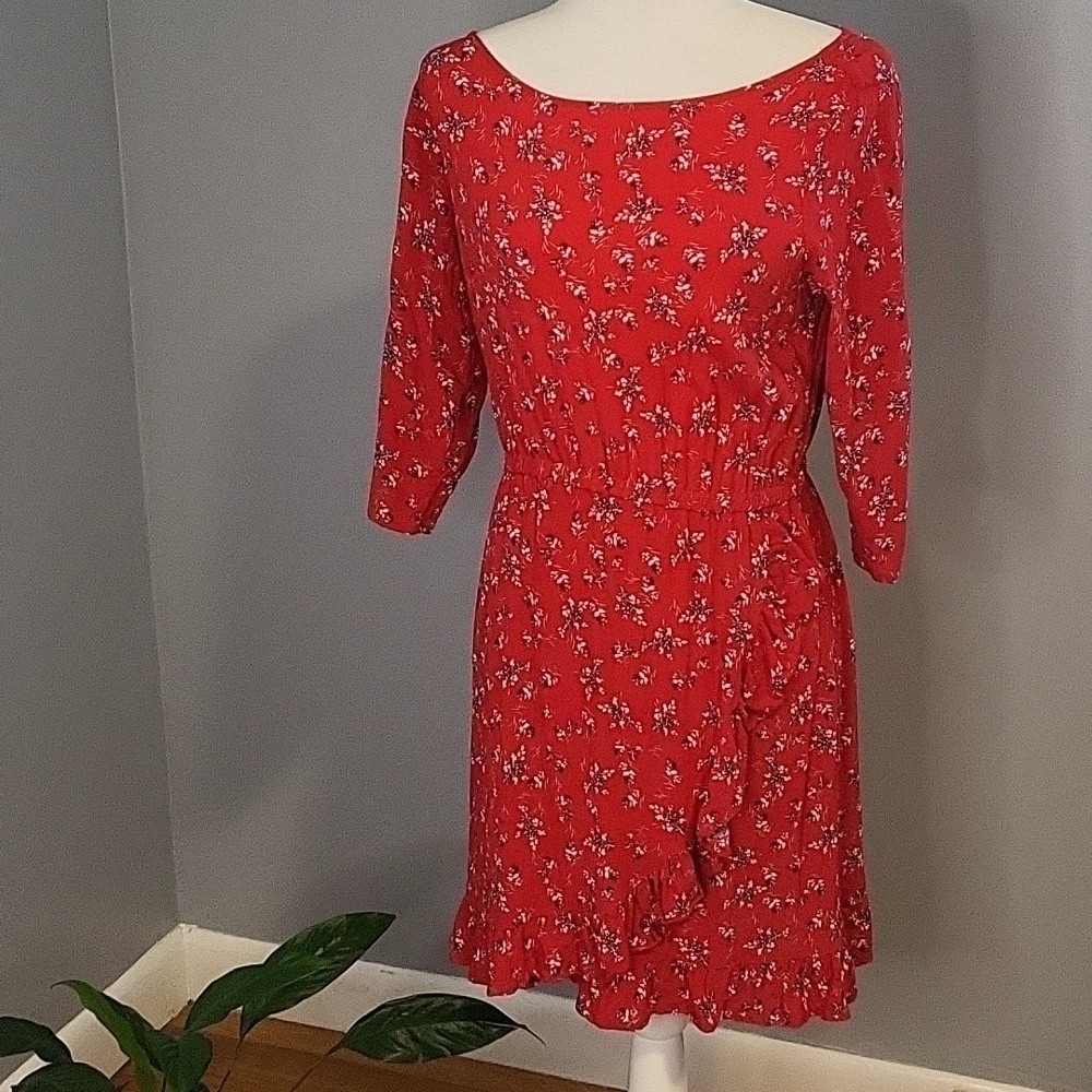 Gap Red Floral Faux Wrap Rayon Pullover Elastic Waist Dress - Size SP